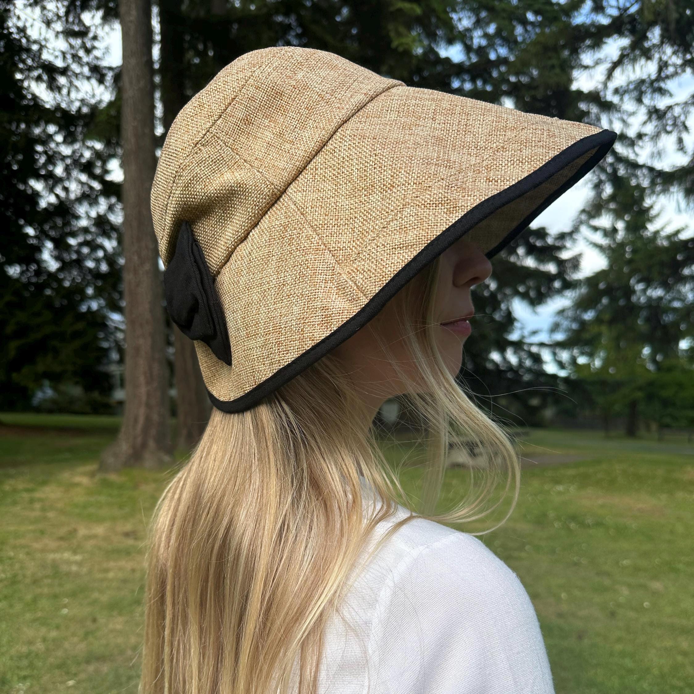 Cappello da pescatore a tesa larga in lino con papillon, cappello da pescatore da donna, cappello da sole da donna, cappello estivo da donna, cappello
