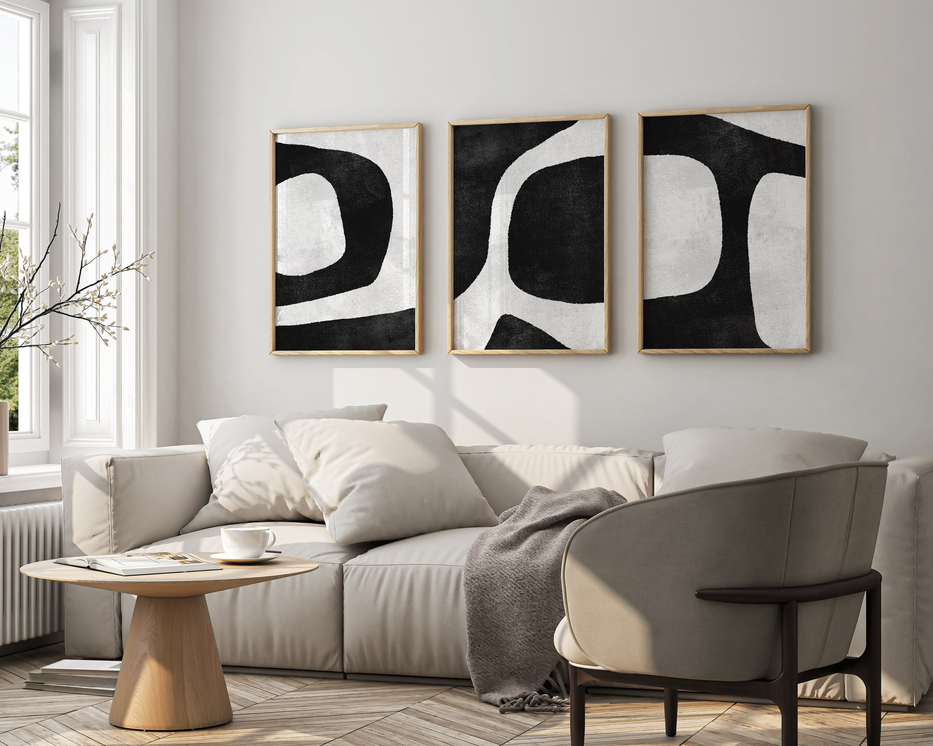 Set di 3 stampe in bianco e nero per decorazione murale, stampe artistiche astratte da scaricare, decorazione moderna per soggiorno, set di tre stampe