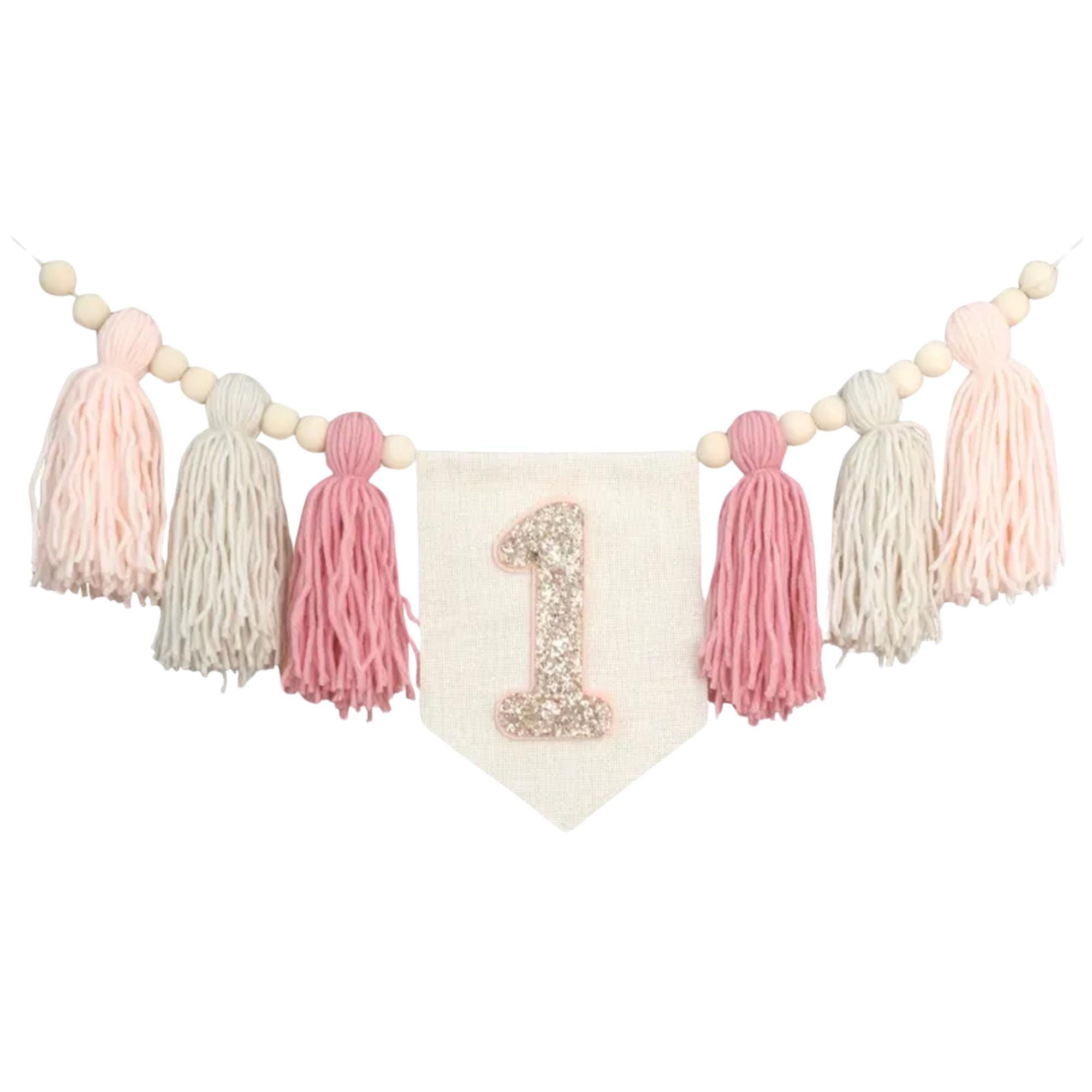 Striscione rosa Boho Glitter per seggiolone, striscione per il primo compleanno, sfondo per foto di compleanno, uno striscione, striscione per il prim
