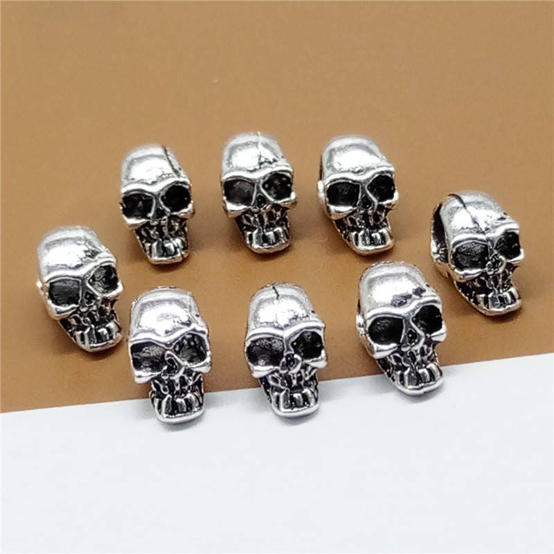 4 perline a forma di teschio in argento sterling, perline a forma di teschio in argento sterling 925, piccole perline a forma di teschio in argento 92