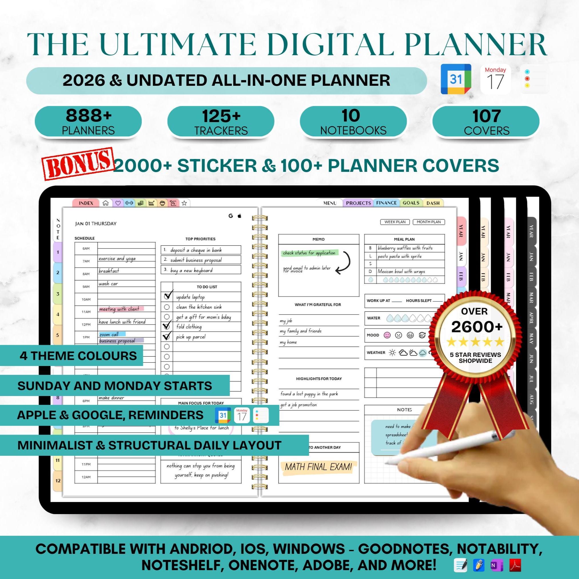 Planner digitale PREMIUM 2026 senza data, Planner Goodnotes, Planner digitale definitivo 2026, Planner giornaliero 2026, Planner orario, Planner setti