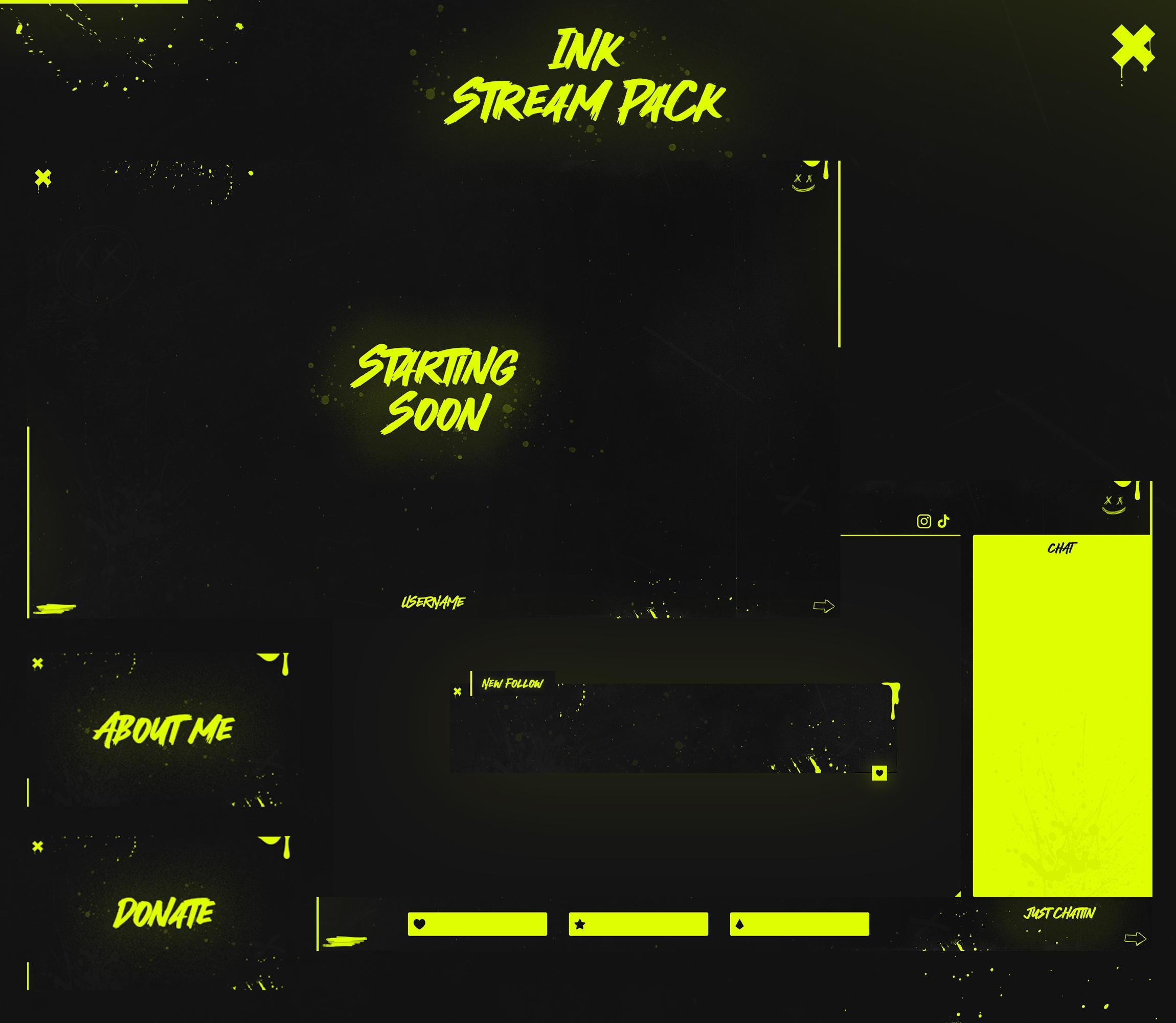 Animated Ink Twitch Overlay Pack Black Yellow Fluo | Stream Screens Panels Alerts Transition Webcam Banner | Custom Name OBS StreamElements