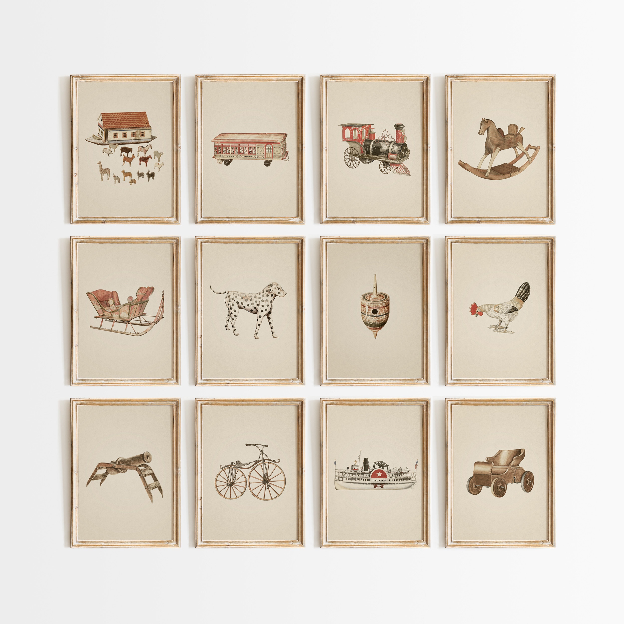 Stampe per camerette con giocattoli vintage, decorazioni per la sala giochi, decorazioni murali per bambini, set da parete con galleria neutra
