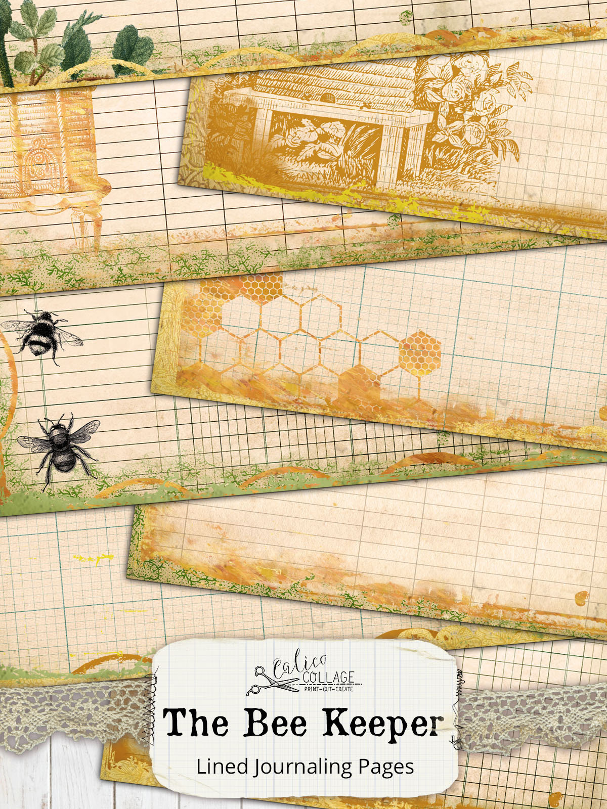 Bee Junk Journal Lined Journaling Pages, Junk Journal Kit, The Bee Keeper, Alveari, Fiori, Floreale, Antico, Stampabile, Carta digitale