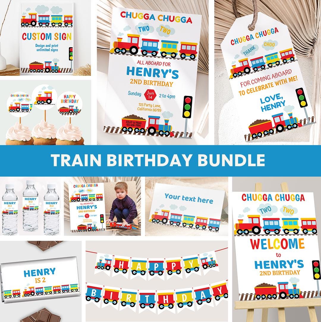 Pacchetto di inviti per compleanno a tema treno, decorazioni per treni, decorazioni per feste Chugga Chugga Two Two, invito per 2o compleanno, tema tr