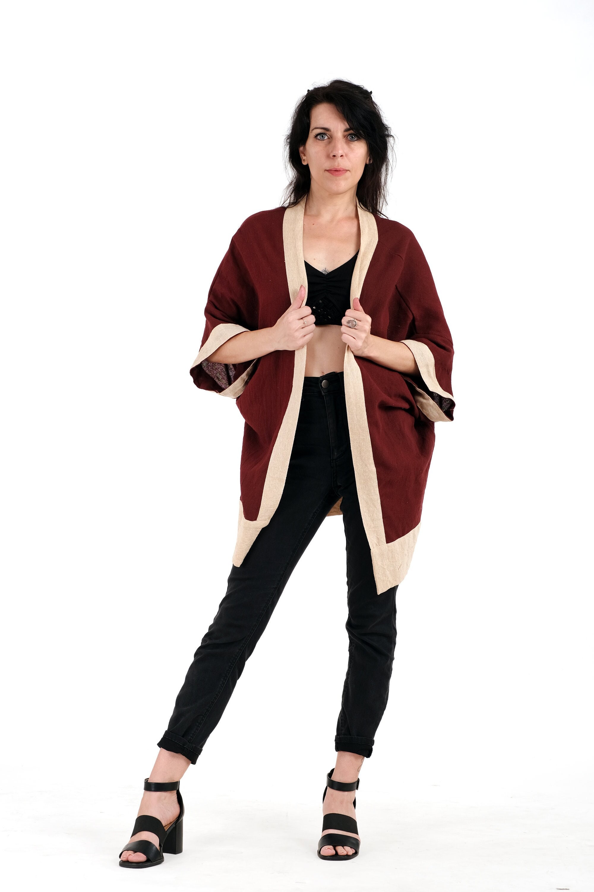 Kimono da donna rosso vino, Kimono cardigan rosso bordeaux naturale, Cardigan da donna, Kimono vestaglia, Coperta boho, Giacca estiva, Kimono corto