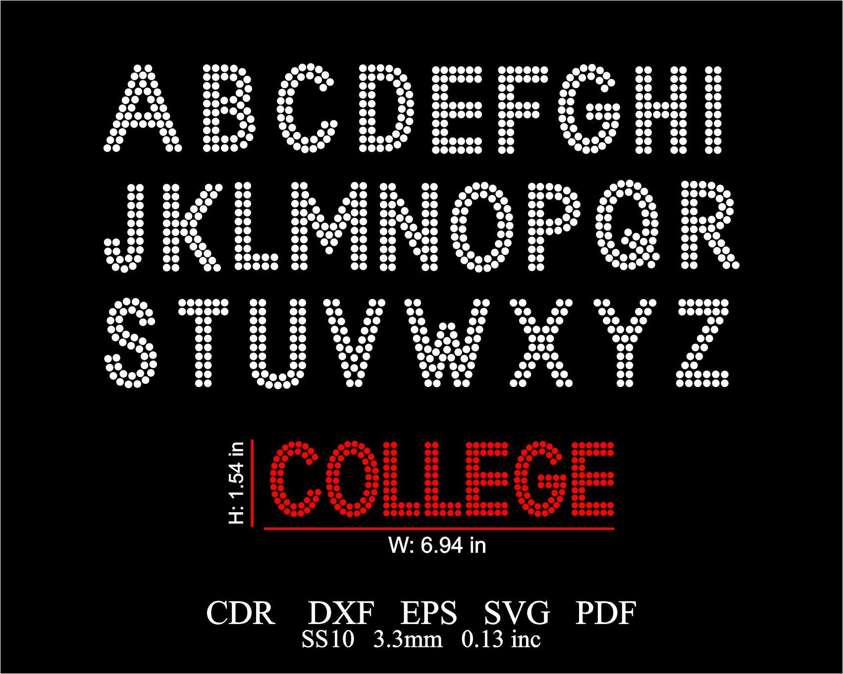 Modello alfabeto strass SVG Lettere strass SVG DXF SS10 Modello lettere font strass Modello font college strass SVG