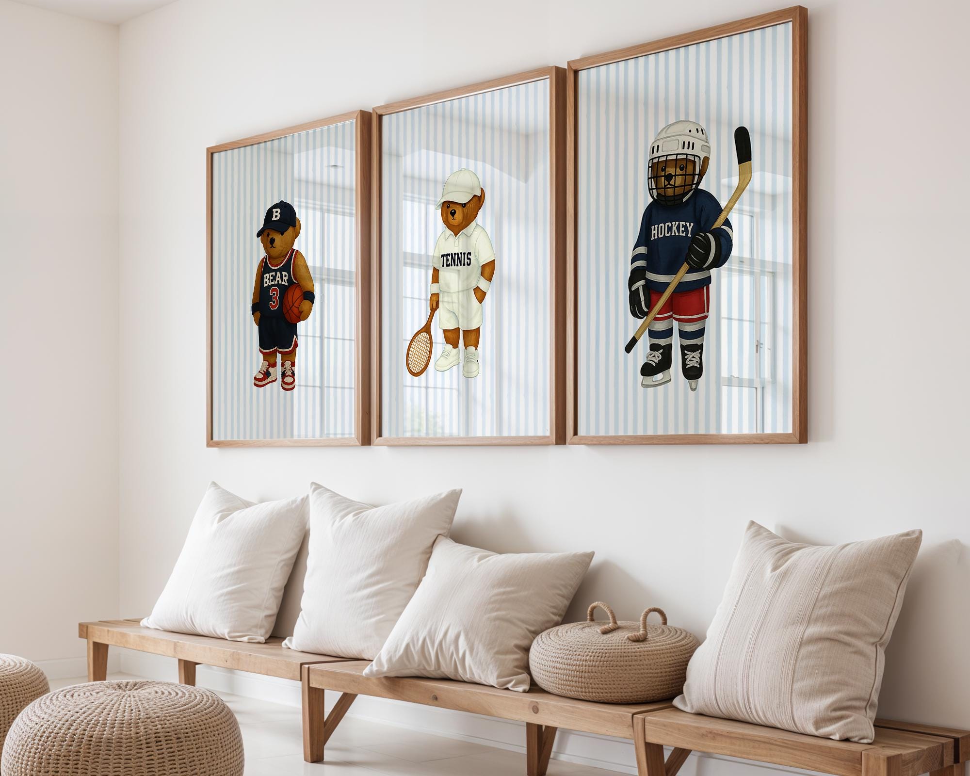 Stampe di orsi sportivi, set di 3 stampe artistiche da parete, stampe artistiche alla moda, stampe artistiche da parete sul tennis, stampe artistiche