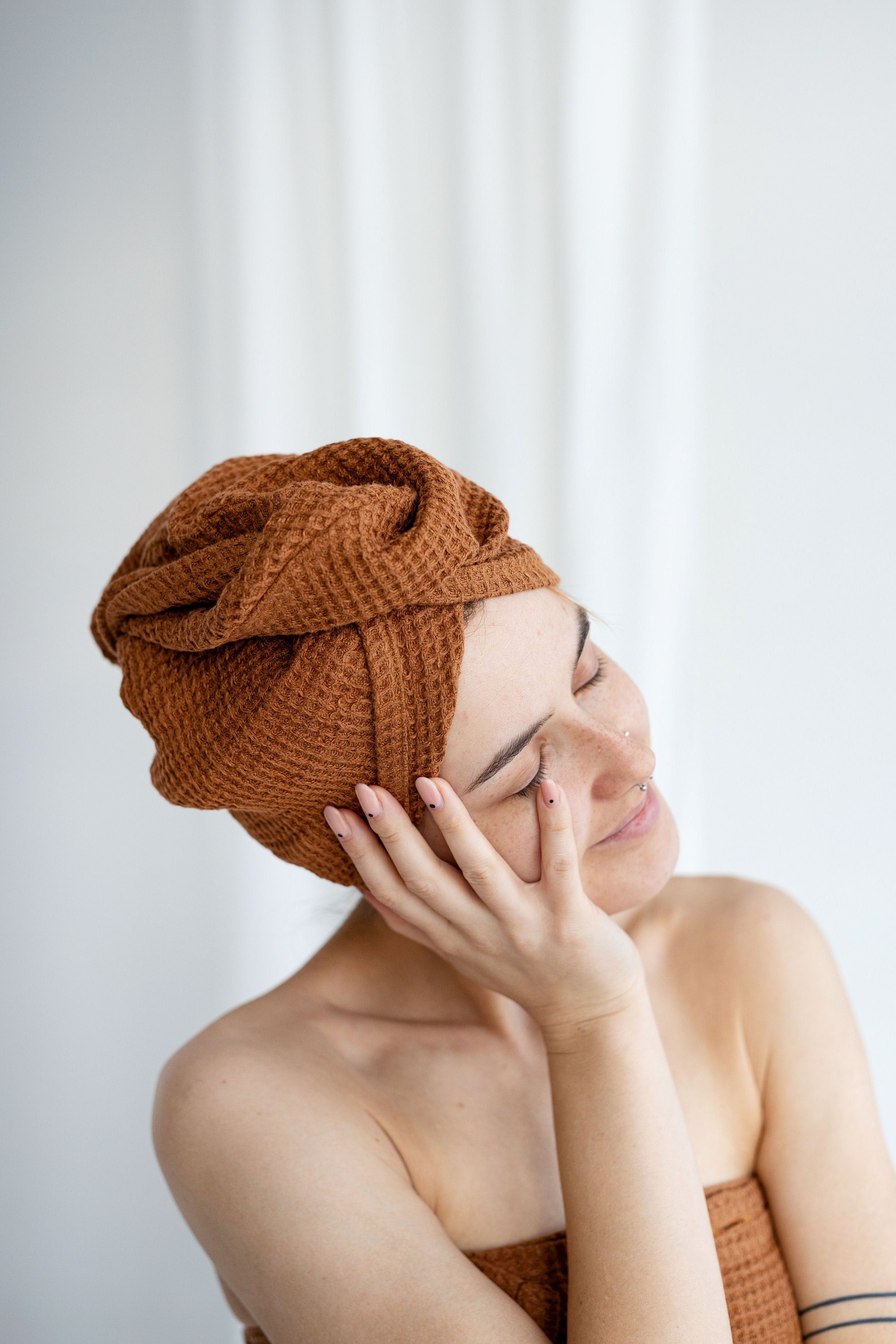 Asciugamano per capelli in lino a nido d'ape, turbante per capelli in lino naturale a nido d'ape, asciugamano da sauna in lino per capelli, asciugaman