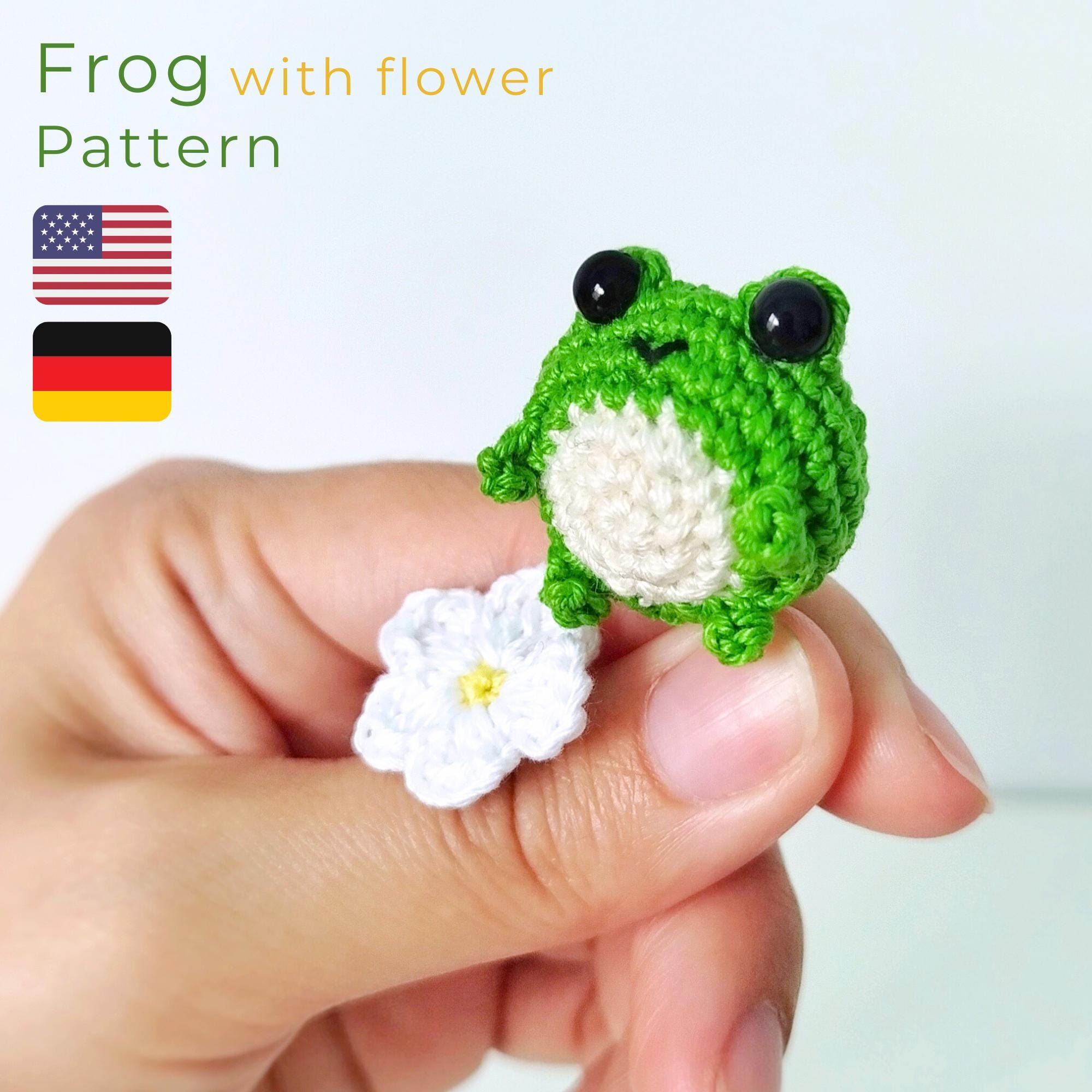 Piccola rana con fiore all'uncinetto, schema all'uncinetto facile per amigurumi, schemi all'uncinetto per mini animali, schema all'uncinetto per picco