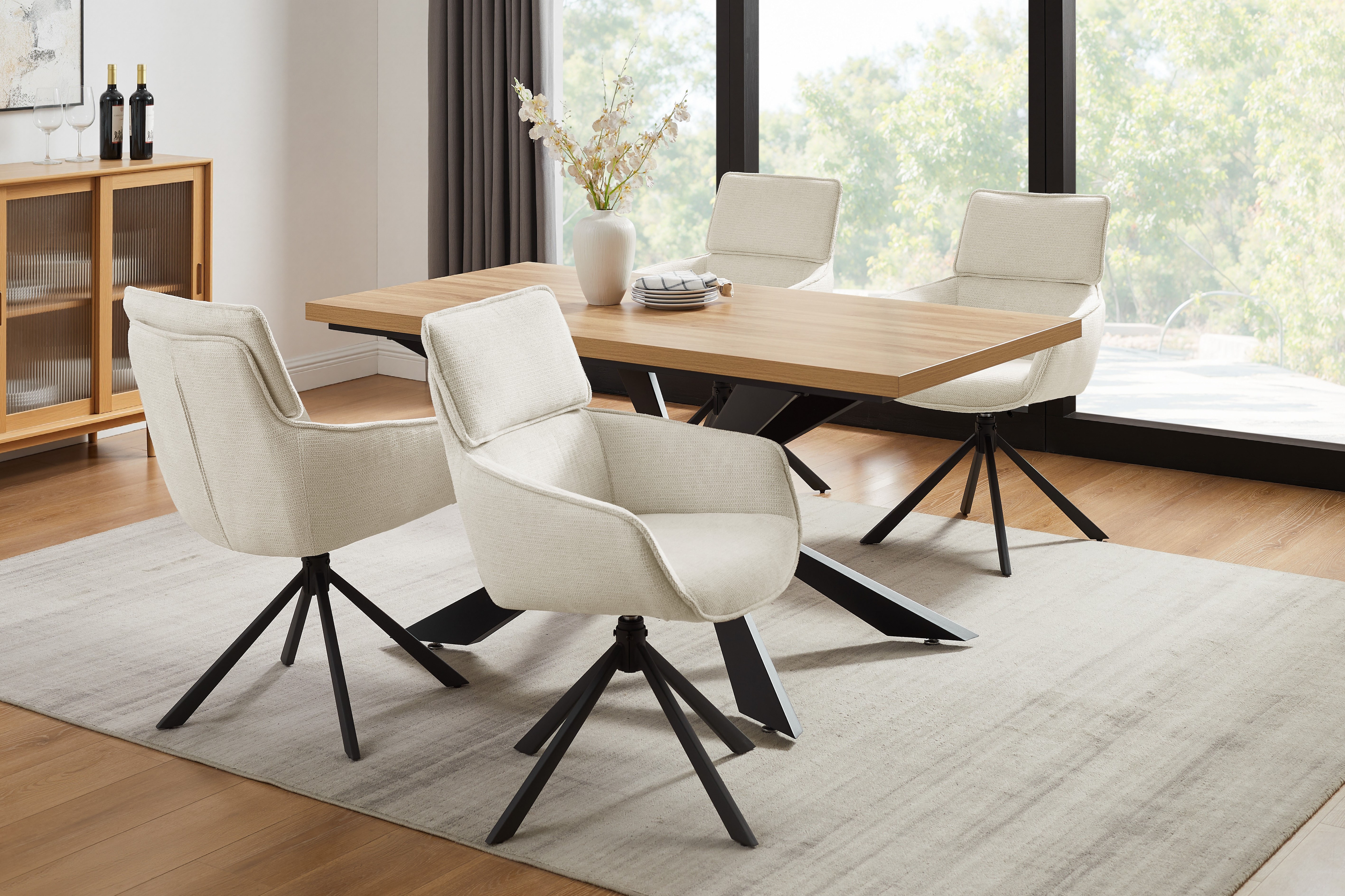 Essgruppe OTTO HOME "Cusey, Gruppe bestehend aus Esstisch und 4 Stühlen", beige,, Sitzmöbel-Sets, kratzfester Tisch in Holzoptik, drehbare Stühlen, atmungsaktivem Stoff