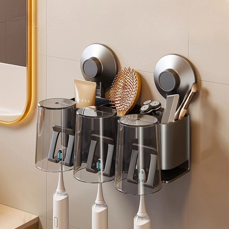 Suction Cup Toothbrush Holder with Cups, Bathroom Shelf Mouthwash Cup Toothbrush Holder, Shower Organiser, Wall Mounted Toothbrush, Bathroom Organiser, No Drill Toothbrush Organiser