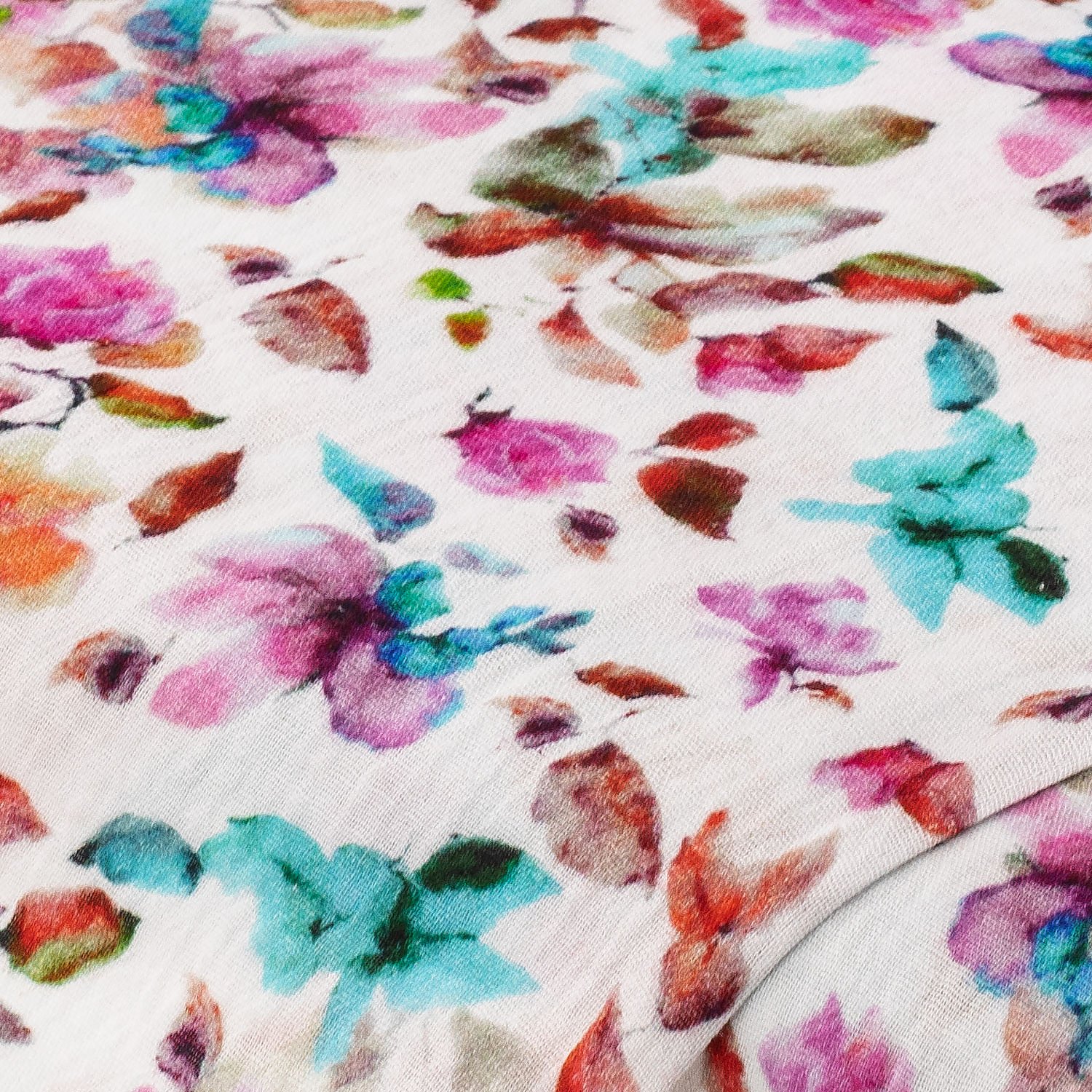 Musselin/Doppel-Gaze Digitaldruck Blumen, weiß/rosa/türkis