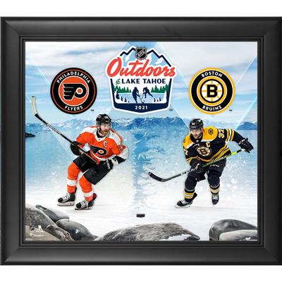 Boston Bruins vs. Philadelphia Flyers, gerahmt, 15 x 17 Zoll, 2021 NHL Outdoor Games at Lake Tahoe Match-Up Collage Image