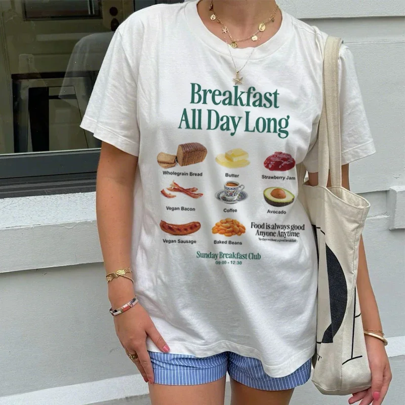 Frühstück Club Grafik Tops Frauen süße Y2k T-Shirt Hippie lustige Shirt Unisex Mode Kleidung übergroße ästhetische Streetwear T-Shirt
