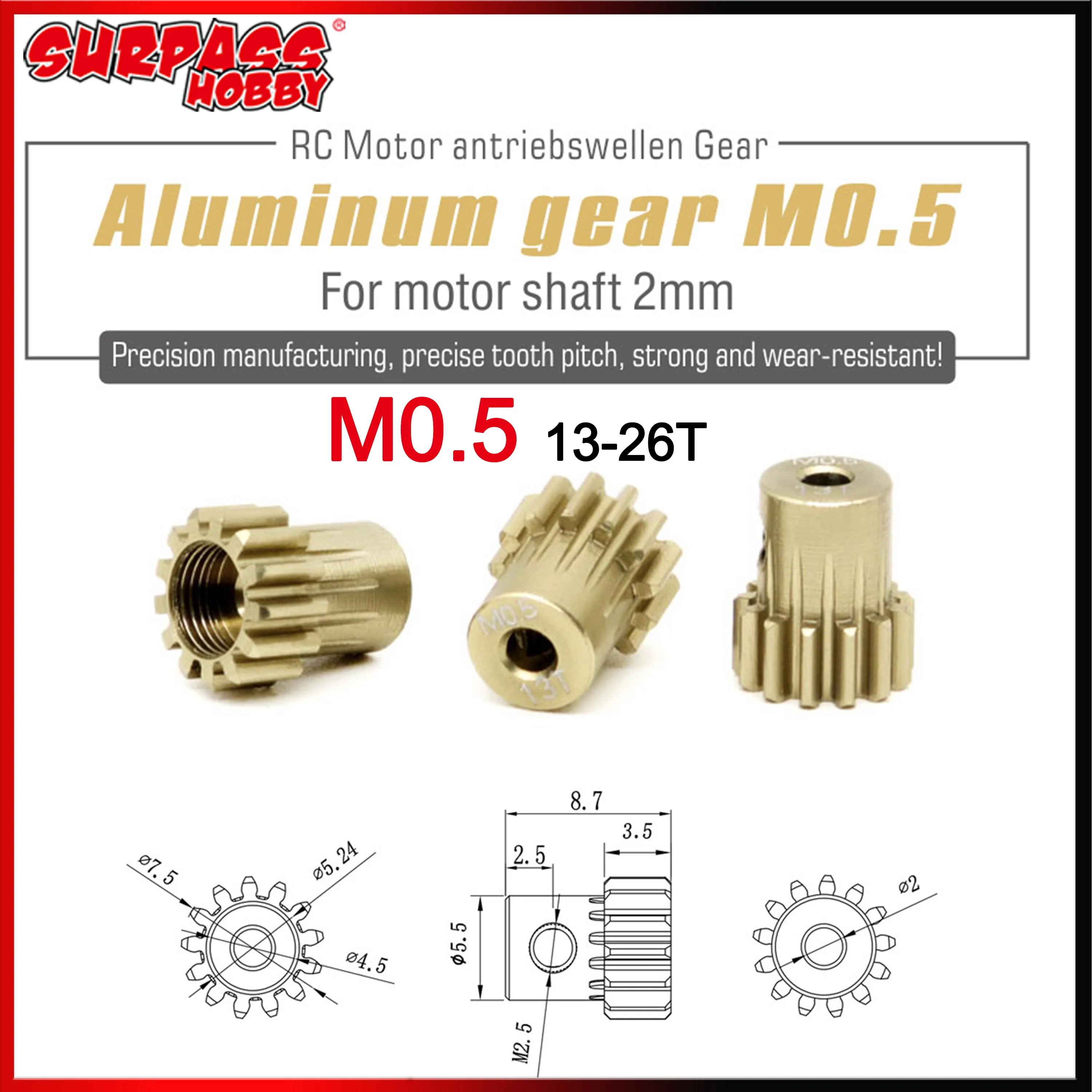 M0,5 2mm Welle Aluminium Ritzel 13T-26T 14T 16T 18T 20T 22T 24T 0,5M für 1/28 1/24 RC Mini Auto 2WD Buggy Bürstenlosen Motor Kit