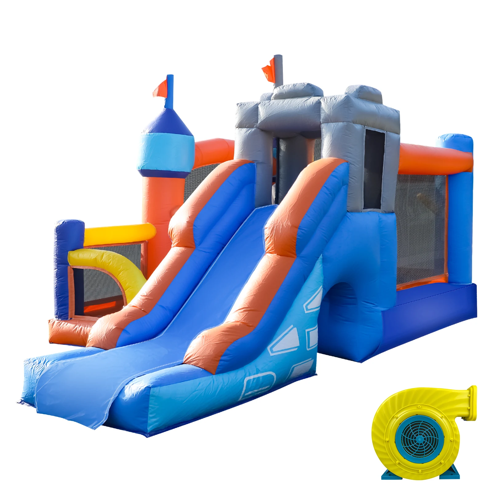 Hüpfburg für Kinder, 4,9 x 3,6 x 3 m, aufblasbares Hüpfburg aus PVC mit 2 Rutschen, Tunnel zum Klettern, Basketballkörbe, Bällebad, Jum Image