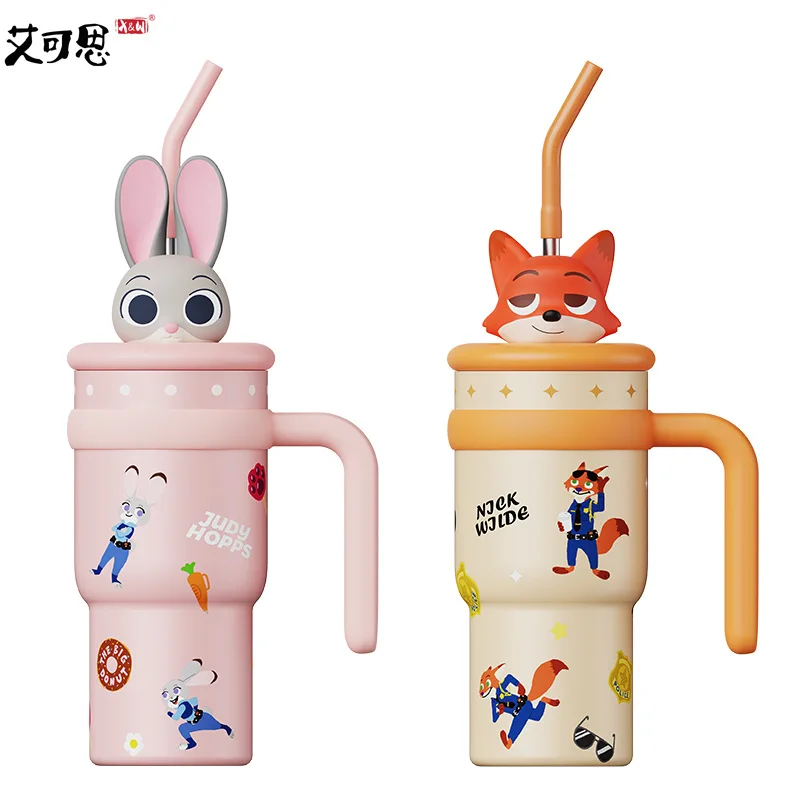X&W Cartoon Thermosbecher Disney 700 ml Edelstahl hält kalt und heiß genäht Lotso Kaffeetasse mit Strohhalm Tragbarer Auto-Wasserbecher Image