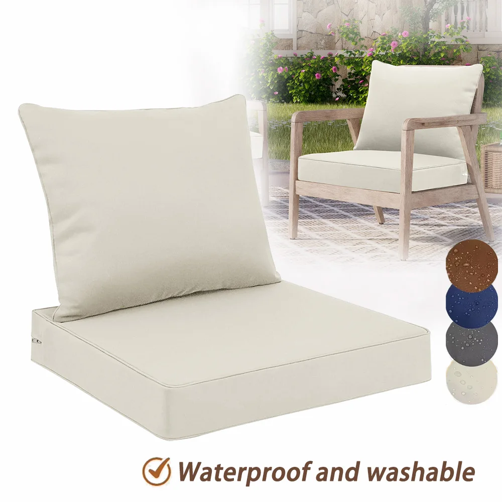 Stuhlkissen für den Außenbereich, 2er-Set, wasserdichte Rückenlehne und tiefe Sitzkissen-Set für Terrassenmöbel, hochelastische Schwammfüllung Image