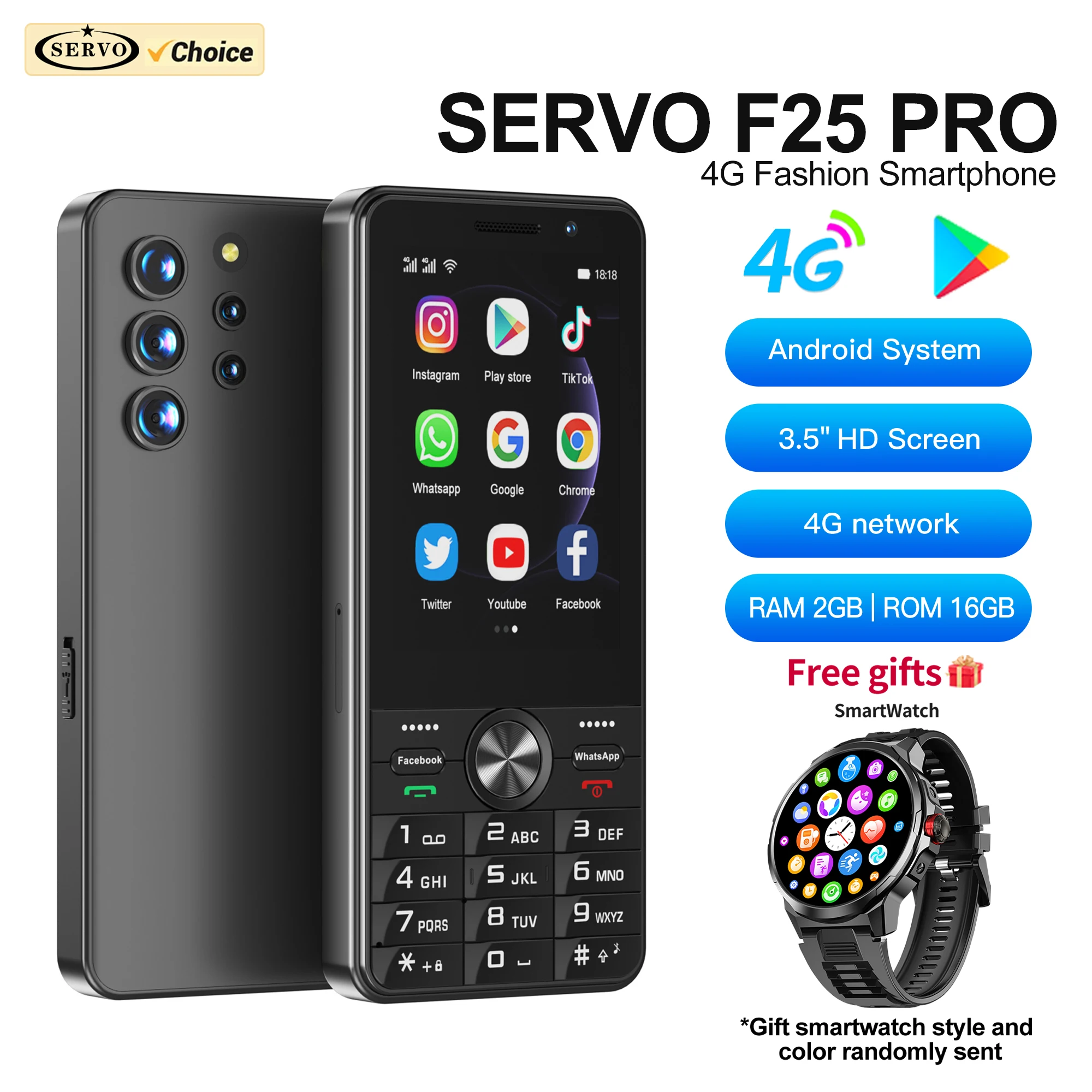 Free Smartwatch! SERVO F25 PRO 4G LTE Smartphone Android System 16GB ROM Play Store Flashlight Touch Display 2 SIM Smart Phones