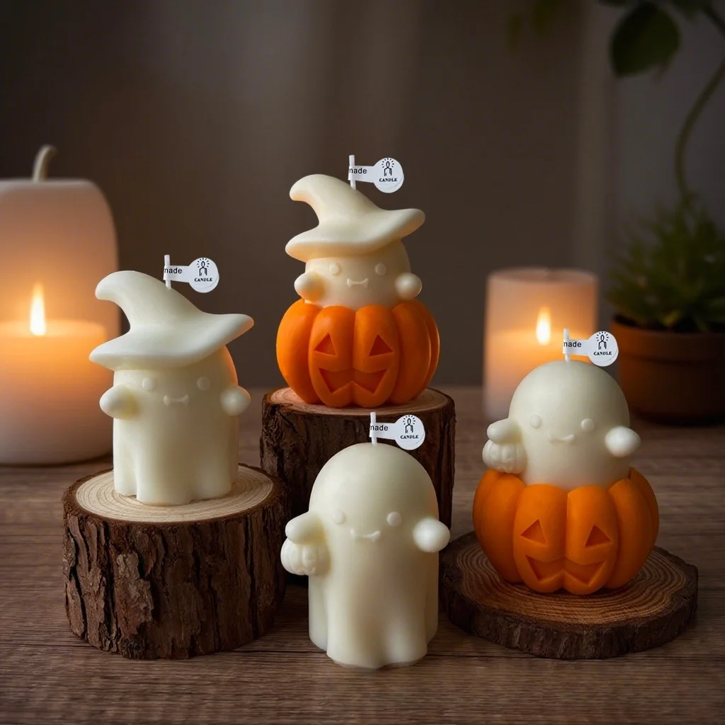 1/2 Stück Geister- und Kürbis-Duftkerze, bezaubernde Sojawachskerzen, Idee, Geschenke für Urlaub, Halloween, Zuhause, Party, Atmosphäre, dekorativ Image