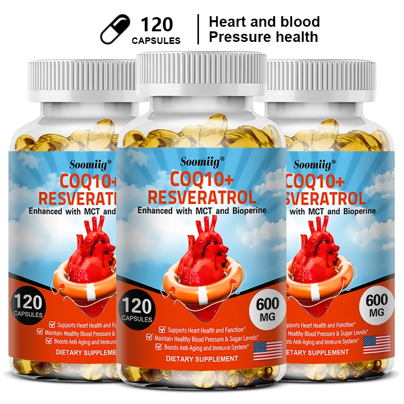 120pcs Organic Q10 Coenzyme 600mg Capsules - with Resveratrol,Cardiovascular and Heart Health , Beauty and Health