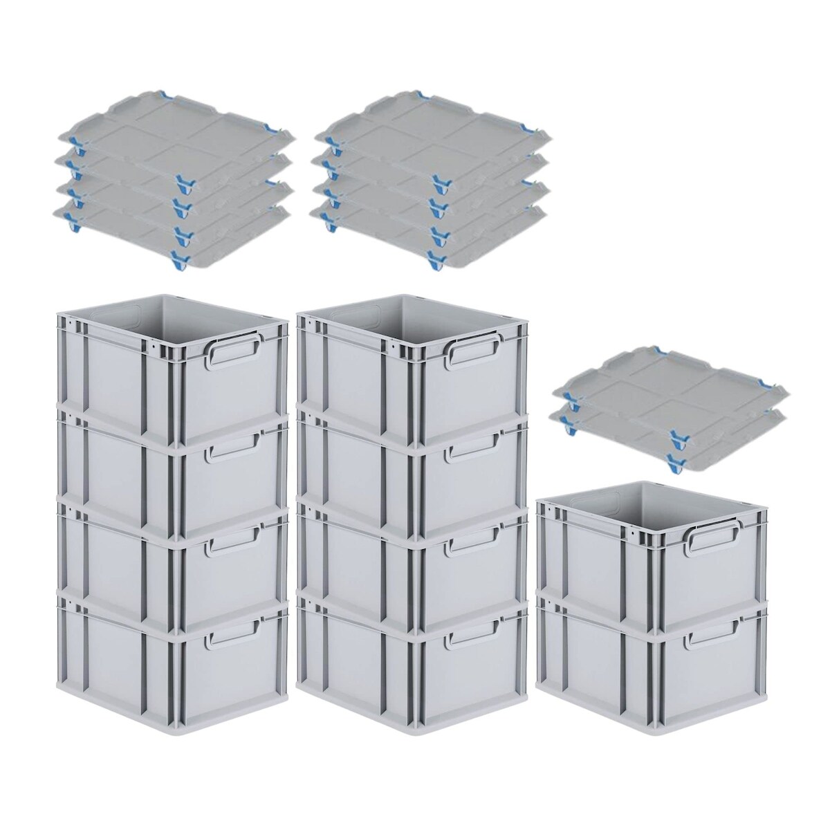 PROREGAL SparSet 10x Eurobox NextGen Economy mit Auflagedeckel & 4x Verschlüsse Blau, Griffe zu, HxBxT 22x30x40cm, 20L, Eurobehälter, Box Image