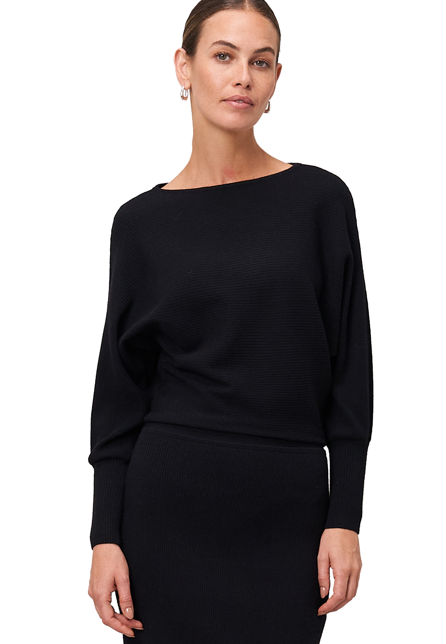 Strickkleid ZERO "Damen mit U-Boot Ausschnitt", Damen, Gr. 44, Normalgrößen, schwarz (schwarz beauty), Strick, Obermaterial: 50% Viskose, 27% Polyamid, 23% Polyester, unifarben, figurbetont kurz, U-Boot-Ausschnitt, weit Bündchen krempelbar, Kleider...