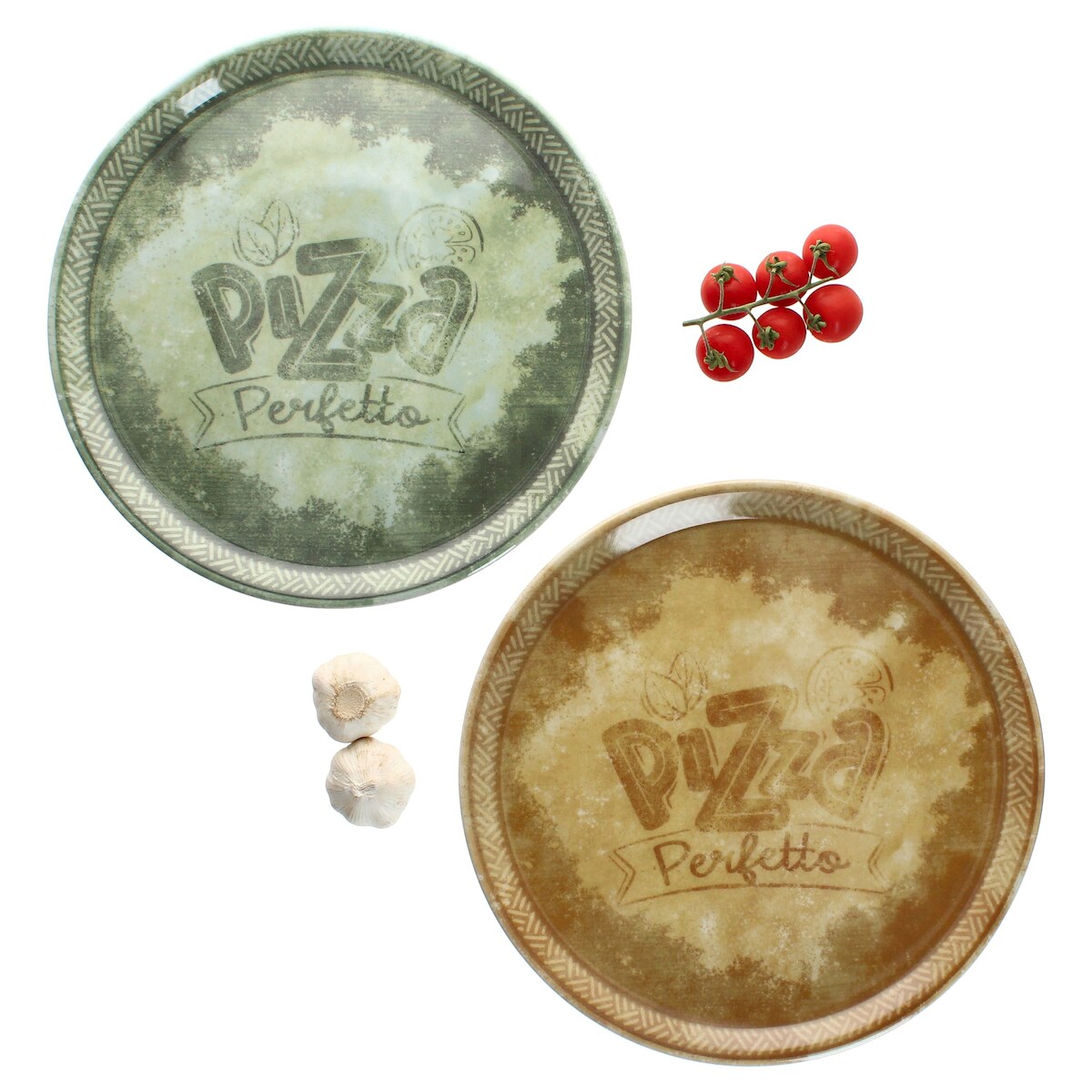 2tlg Set Perfetto Pizzateller Ø31,5 cm Porzellan Gelb Grün Servier-Platte groß Image
