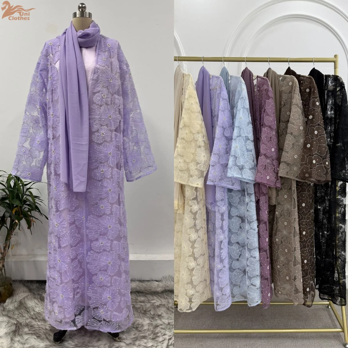 Islamische Kleidung Luxus handgemachte Abaya 2025 Spitze 3D strukturierte Blumen Perle Perlen offenen Abaya Frauen muslimisches Kleid 3PCS Abaya-Sets Image