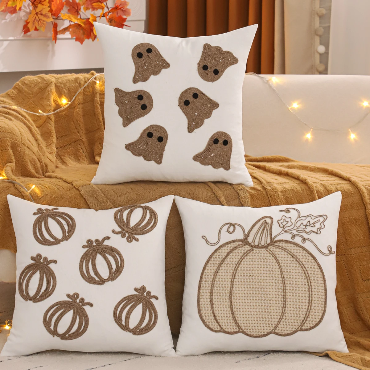 1PC Halloween Dekoration Dekokissenbezug Kürbis Stickerei Natürliche Jute Leinwand Herbst Thanksgiving Ernte Zuhause Wohnzimmer Image