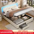 Letto imbottito Comanlai 140 x 190 cm, letto contenitore idraulico, letto LED con funzione di ricarica USB, senza materasso, velluto, beige