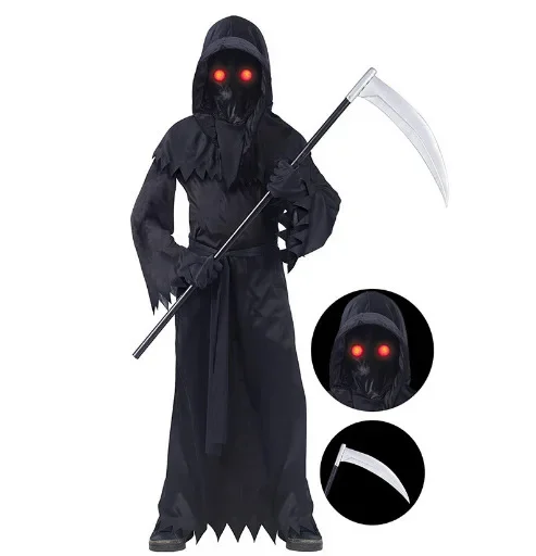 Kind Horror Red Eye Sensenmann Kostüm Scythe Teufel Darkseid Geist Cosplay Anzug Halloween Mit Kapuze Party Kleid Handschuhe Image