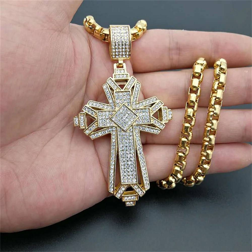 Hip Hop Iced Out Bling Jesus Kreuz Anhänger Gold Farbe Edelstahl Christian Große Halskette für Männer Religiöse Schmuck Männliche Geschenk