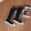 Mode Leopardenmuster Canvas High Top Stiefel Schnürung Reißverschluss Lange Stiefel Bequeme Canvas Sportstiefel Große Damenschuhe
