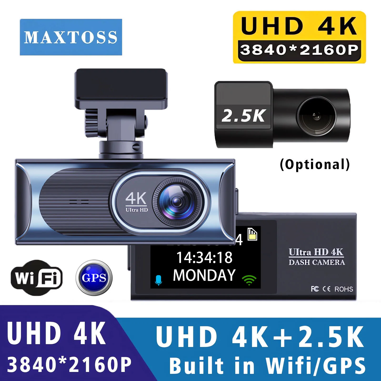 4K + 2,5K Dash Cam WIFI GPS Auto DVR Mini Kamera Video Dashcam Dual Objektiv Stick Recorder black Box 24 Stunden Überwachung Nachtsicht Image