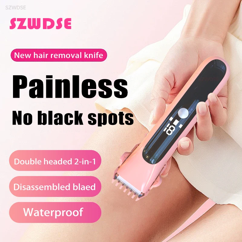KMCE Damen-Elektrorasierer, 2-in-1-Bikini-Trimmer, IPX7 wasserdicht, mit Leistungsanzeige, zwei Keramikklingen, schmerzlose Haarentfernung Image
