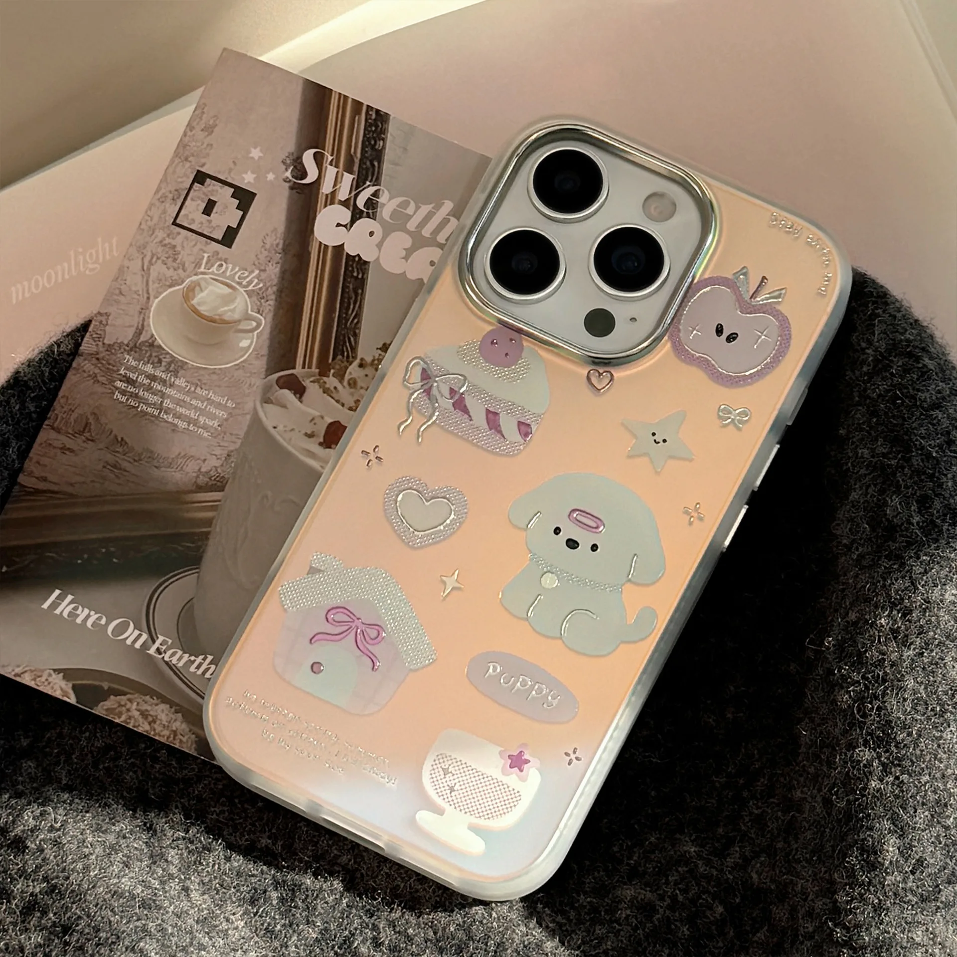 Koreanische Vergoldung Cartoon Dessert Welpen Laser Überzug Telefon Fall Für iPhone 16 15 14 13 12 Pro Max stoßfest Schutzhülle Hard Cover Image