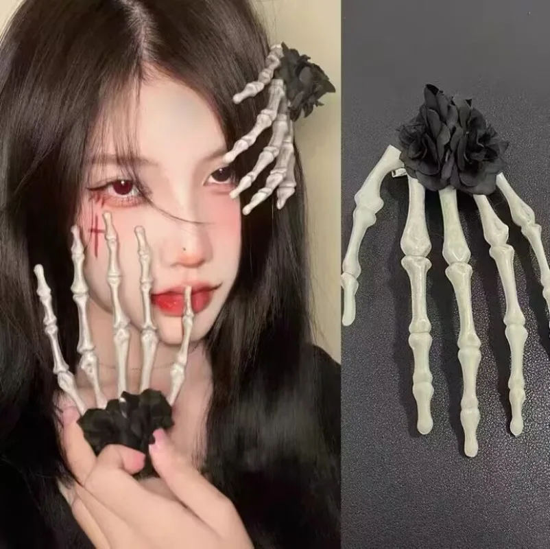 Halloween Kopfbedeckung Skelett Klaue Haarspange Dunkle Gothic Rote Rosenblüten Haarschmuck Dress Up Image