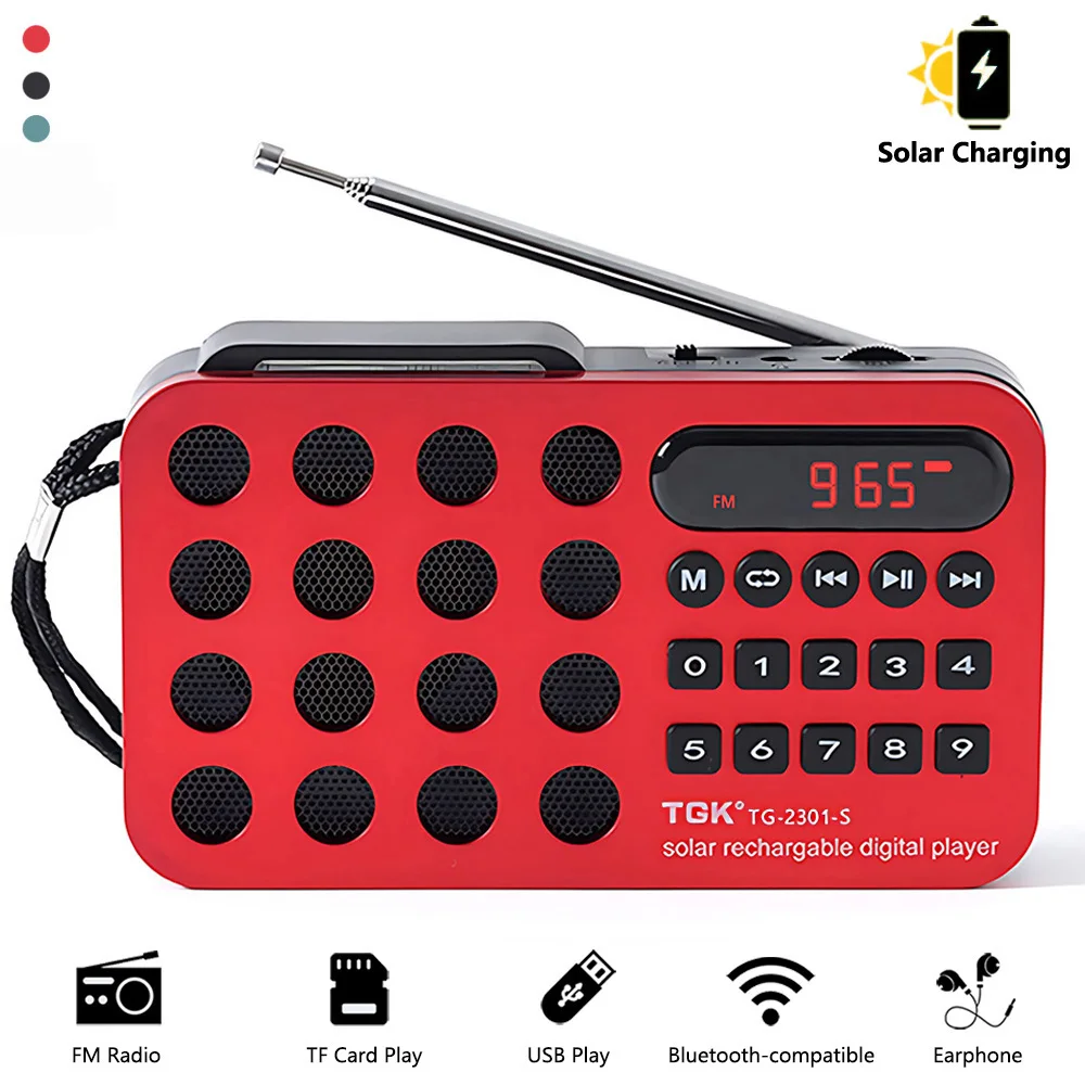 Altoparlante wireless Bluetooth con radio FM a ricarica solare portatile con supporto per scheda TF USB Funzione di riproduzione musicale MP3 Ricevitore radio FM