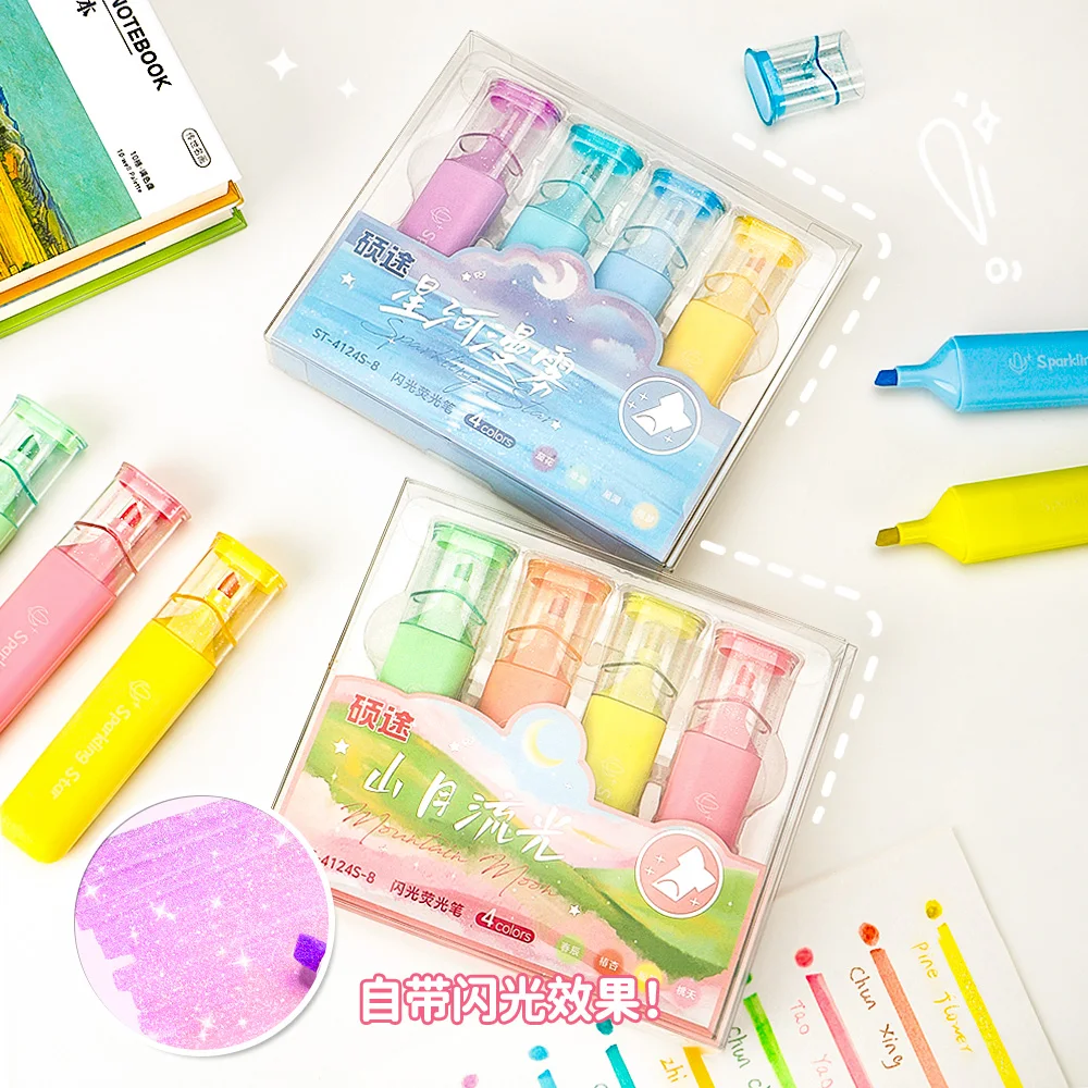 4-Farben-Kawaii-Textmarker, fluoreszierende Stifte, wasserdicht, für Besprechungen, Notizen und Lernen, Markieren, Büromaterial, Schulbedarf. Image