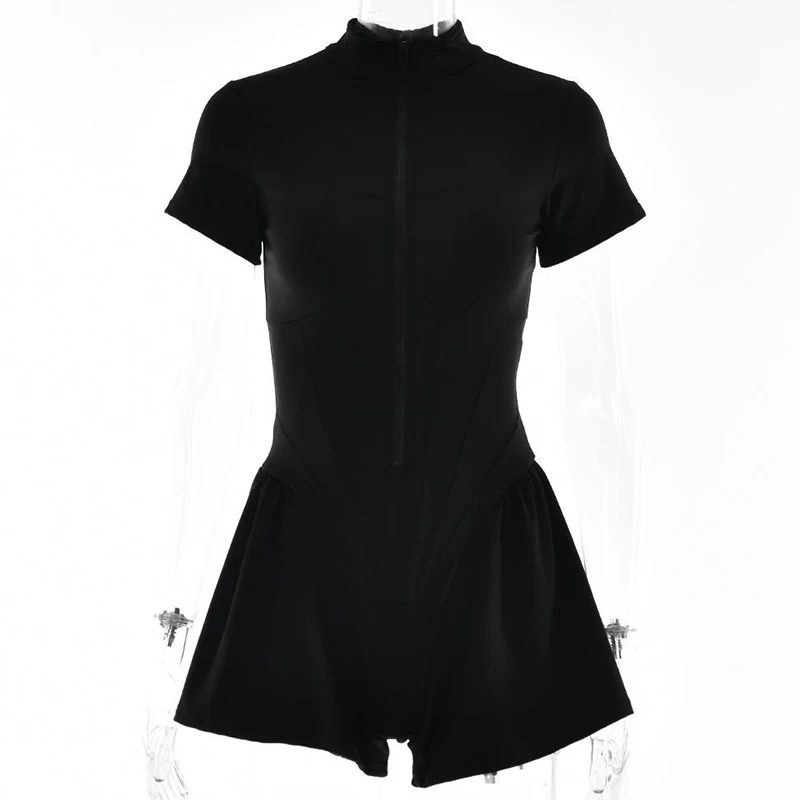 INS Koreanische Mode Sommer Einfarbig Sexy Top Persönlichkeit Schlank O Neck Zipper Kurzarm Elegante Temperament Ausflug Overall Image