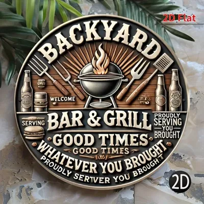 Vintage Backyard Bar & Grill Aluminum Sign - 2D Flat Round, BBQ & Beer Theme, Decor for Home Bar Patio, Housewarming Gift