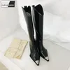 Neue Herbst Winter Frauen Metall Spitz Kniehohe Stiefel Damen Rindsleder Echtes Leder Reitstiefel Block Heels High Top Schuhe