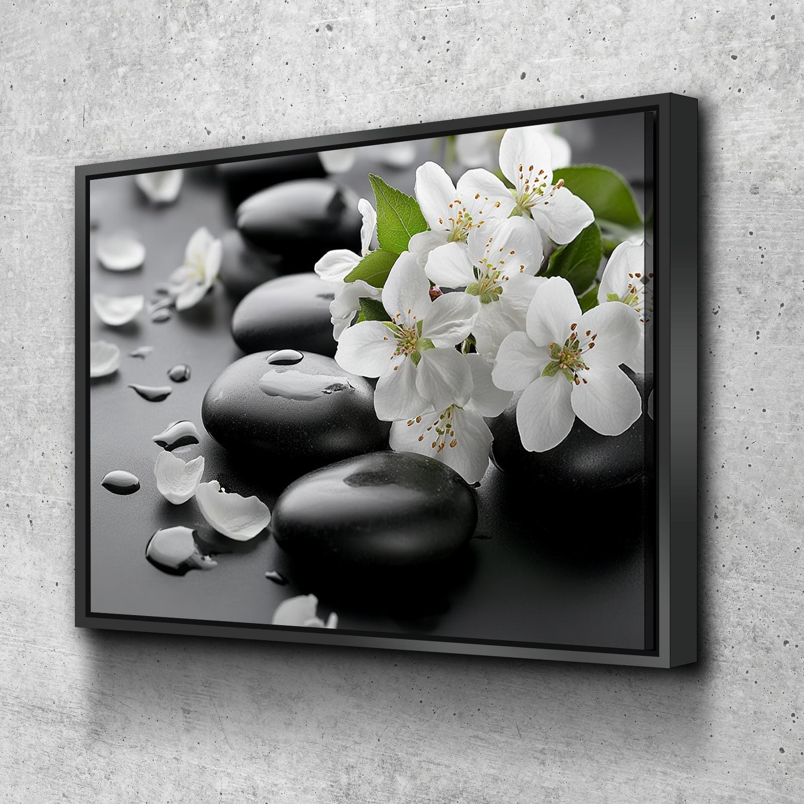 Decorazioni da parete per bagno con pietre zen floreali nere / Decorazioni da parete per bagno / Stampe su tela per bagno / Stampe su tela per parete
