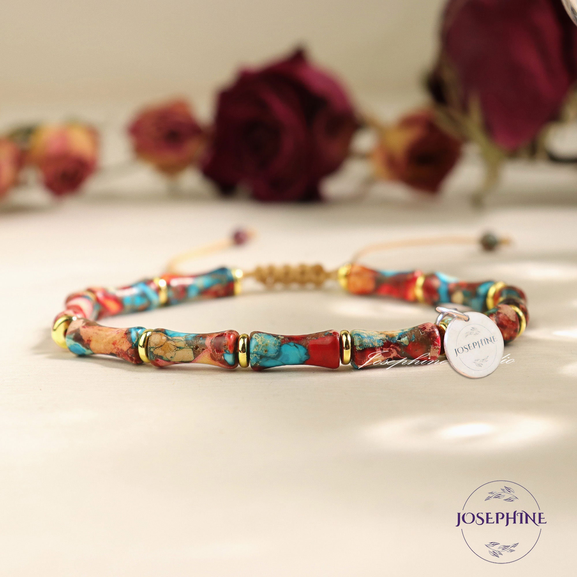 Bracciale in diaspro sedimentario marino, braccialetto con perline a forma di bambù, braccialetto vintage intrecciato a mano, braccialetto di equilibr