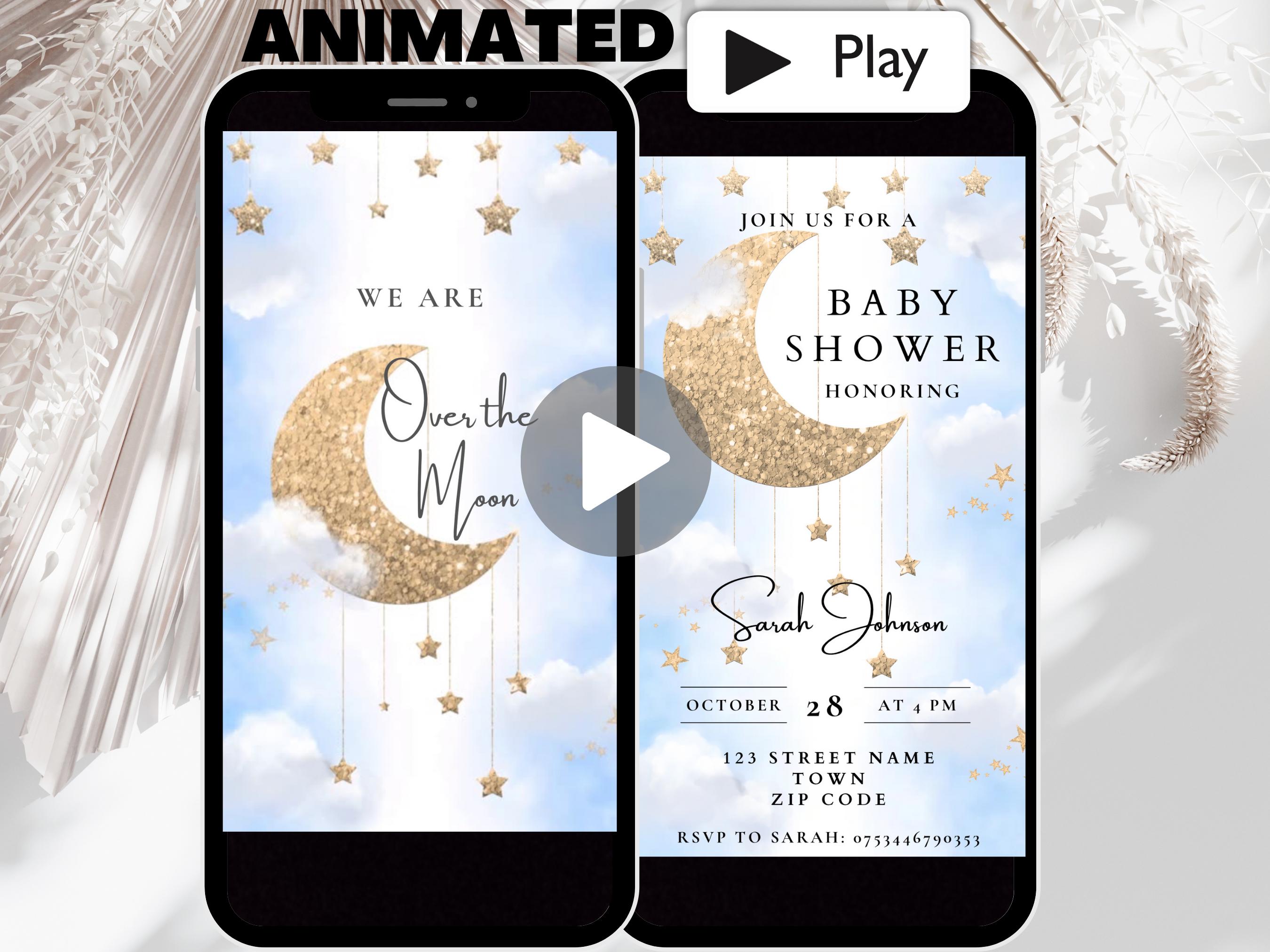 Modello di invito per baby shower animato Over The Moon, video di invito per baby shower Twinkle Twinkle Little Star Blue, invito On Cloud Nine