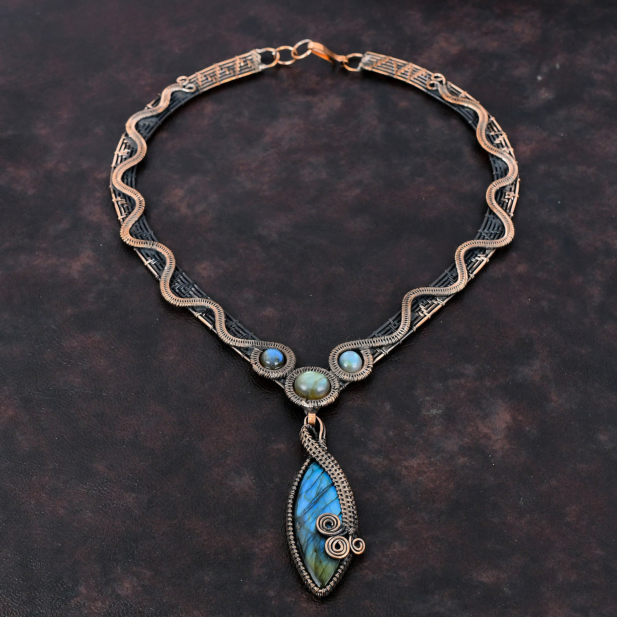 Collana di labradorite, collana avvolta in filo di rame, collana regolabile, gioielli avvolti in filo, collana di pietre preziose fatta a mano, gioiel