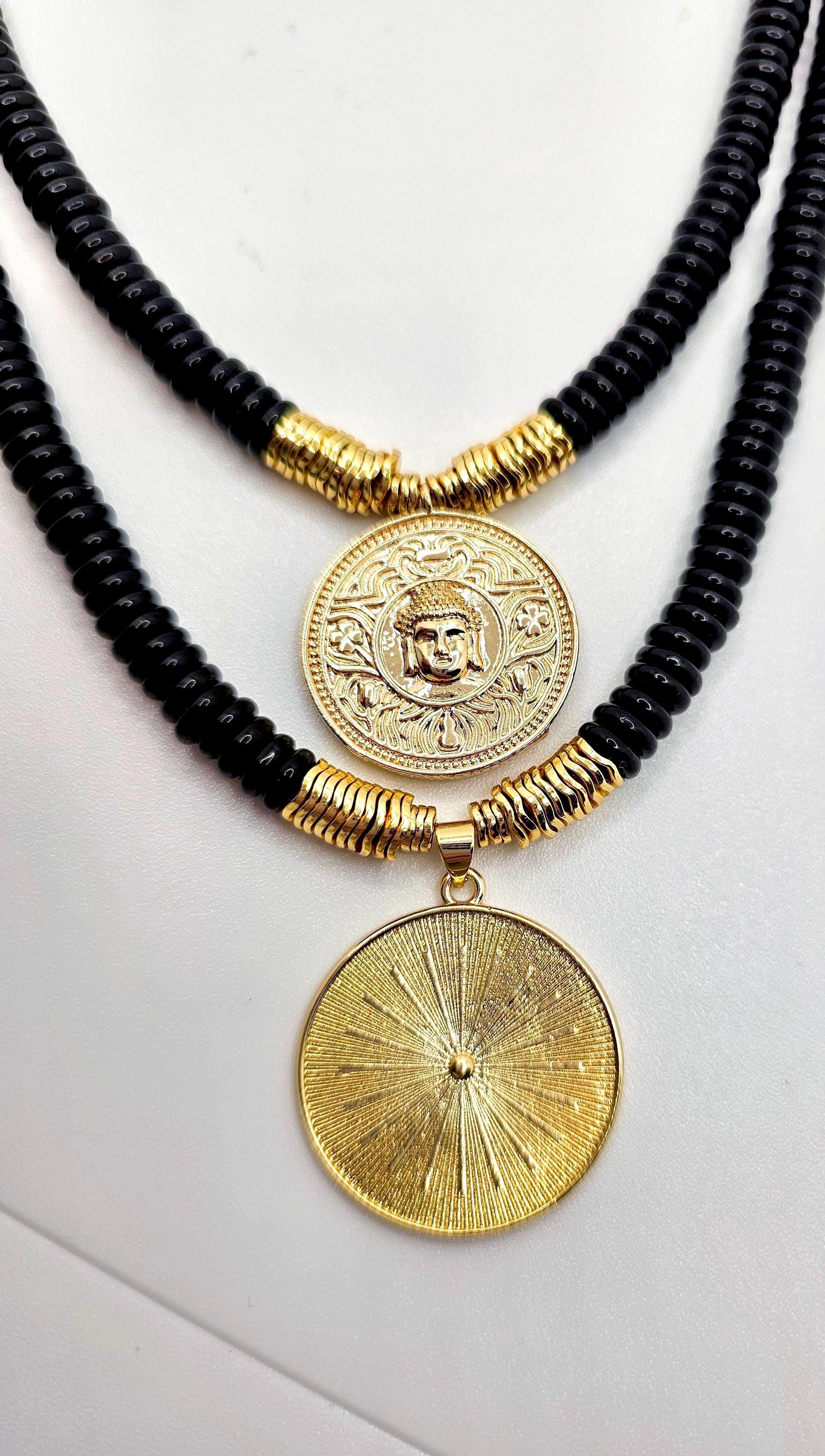 Collana di perline di onice nero, collana di Buddha, collana di sole dorato, collana di moneta d'oro, collana boho fatta a mano, collane a strati, col