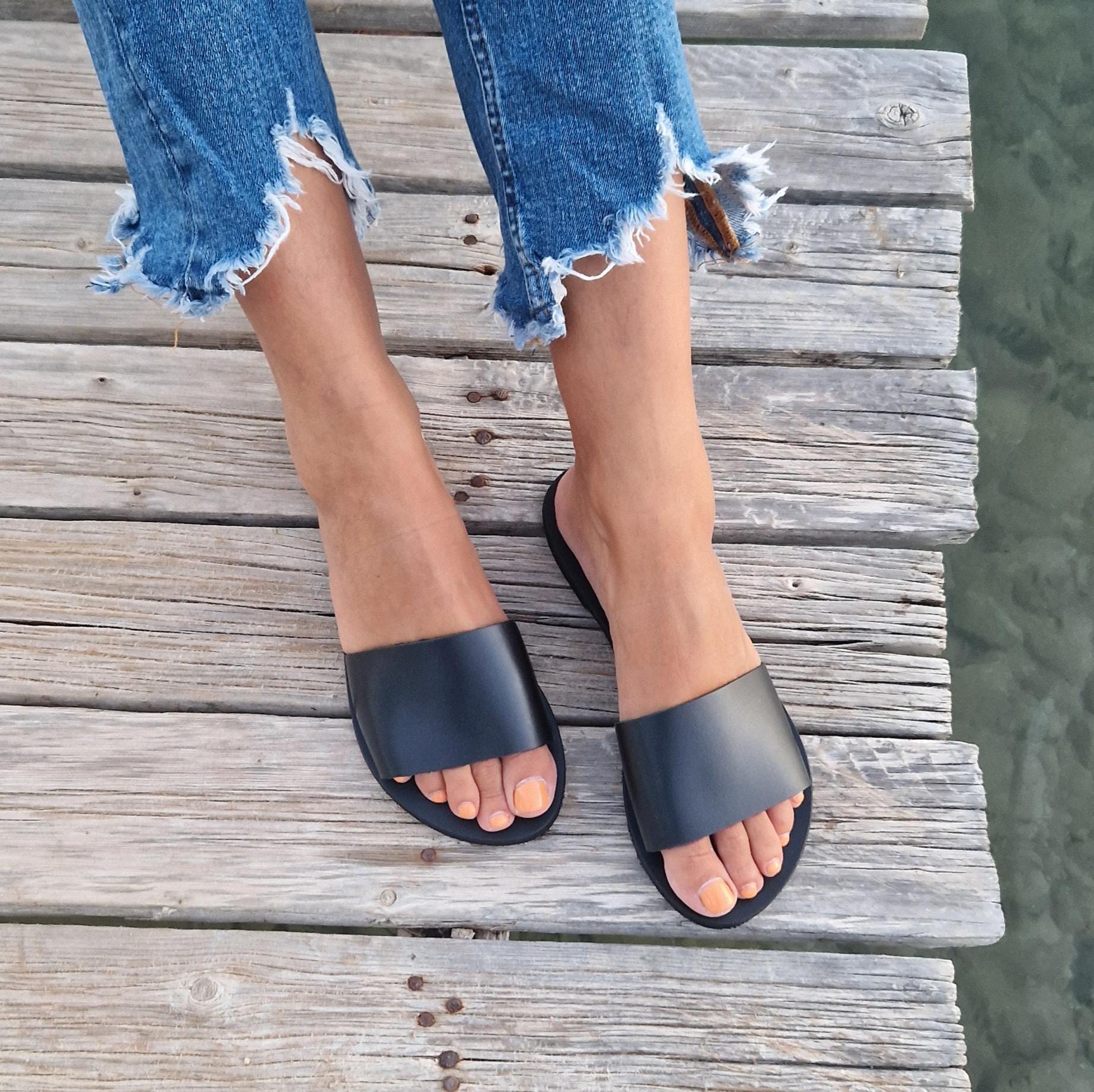 Ciabatte da donna in pelle nera, sandali in pelle greca, sandali da gladiatore, sabot, sandali slip-on, scarpe estive basse, scarpe in pelle, ciabatte